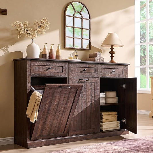 Triple Tilt Out Laundry Hamper Cabinet, 20 Gallon Farmhouse Trash Can Cabinet w/Drawer & Adjustable Shelf, Hidden Garbage Can Bin Cabinets w/Laundry Basket for Bathroom, Kitchen (Brown)