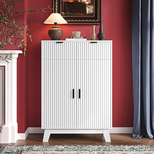 Fluted Shoe Cabinet, 4-Tier Mid Century Modern Narrow Shoe Storage Cabinet with Doors & 2 Drawers, Adjustable Shelves, Freestanding Hidden Shoe Rack Organizer & Wooden Legs for Entryway