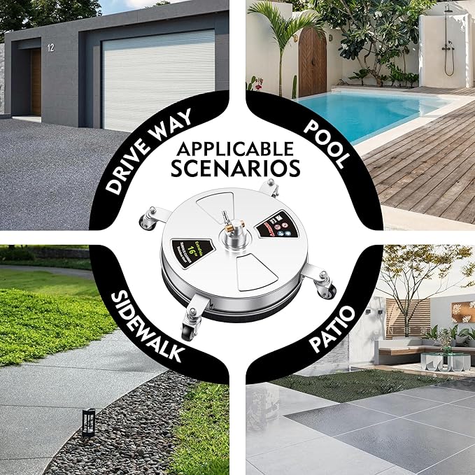 16" Pressure Washer Surface Cleaner Pro with 4 Wheels, Stainless Steel 2 Extension Wands, Power Washer Surface Cleaner Hot Water Supported for Patio Decker Concrete Driveway, 3000 PSI