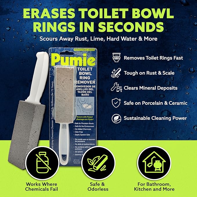 PUMIE Pumice Stone Toilet Bowl Cleaner (6-Pack) - Pumice Stone with Handle - Heavy Duty Toilet Bowl Scrubber for Rings, Bowls, Hard Water Stains, Lime, Rust, Sink - Includes Handle for Easy Use