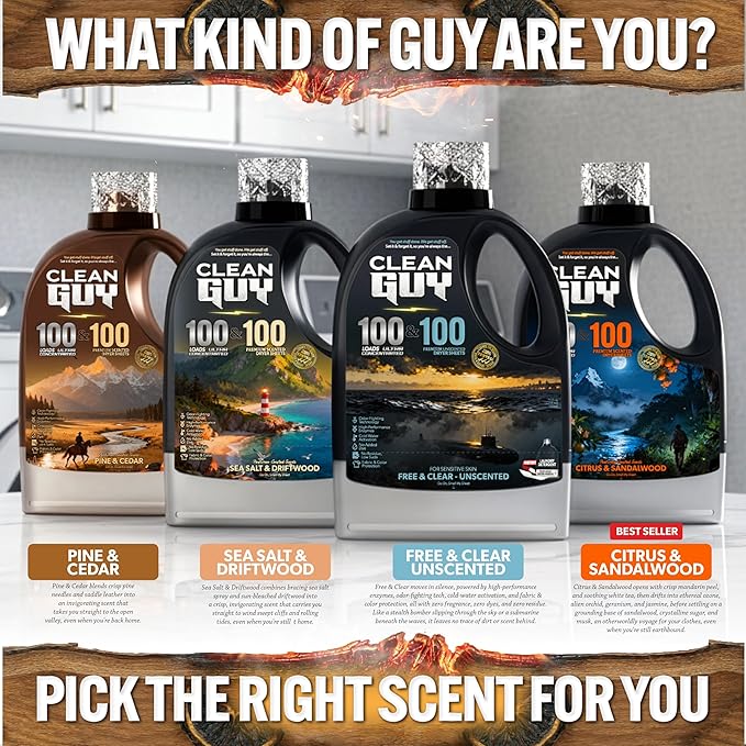 Clean Guy Laundry Detergent with Dryer Sheets | Citrus & Sandalwood Scent, Energizing Freshness, Deep Clean Technology, Soft & Fresh Clothes - Citrus & Sandalwood (100 Loads PLUS 100 Dryer Sheets)