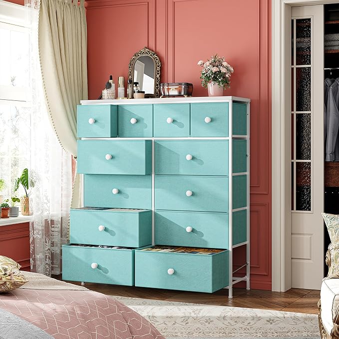 Dresser for Bedroom Drawer Organizer Storage Drawers, Fabric Dressers & Chests of Drawers, Sturdy Metal Frame, Wood Top, Entryway, Bedroom Furniture (Turquoise)