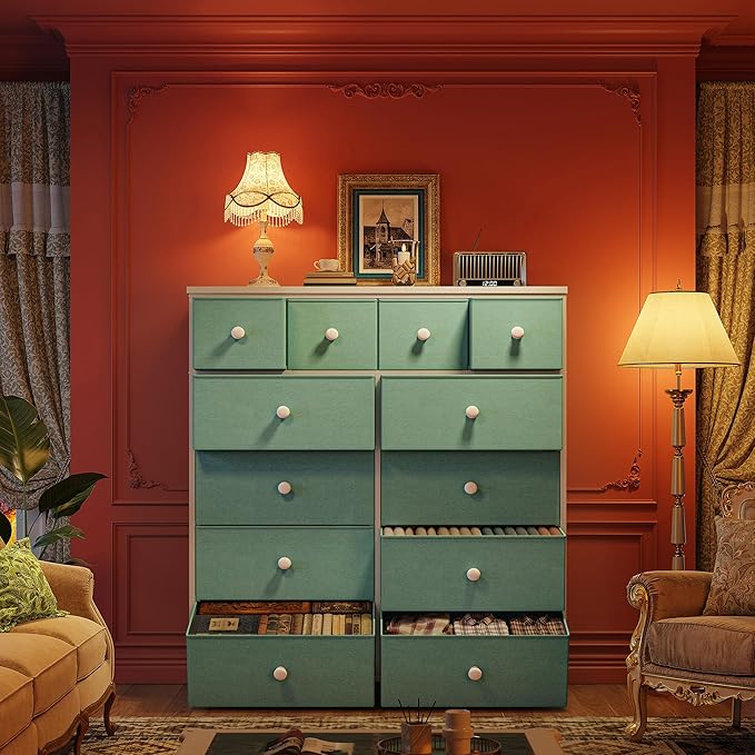 Dresser for Bedroom Drawer Organizer Storage Drawers, Fabric Dressers & Chests of Drawers, Sturdy Metal Frame, Wood Top, Entryway, Bedroom Furniture (Turquoise)