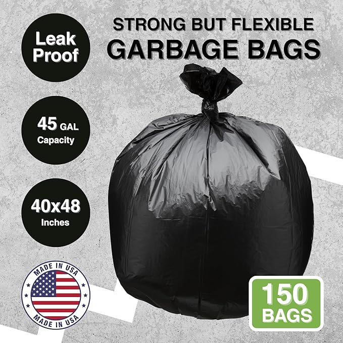45 Gallon Garbage Trash Bag 40X48" Black 150 Count Can Liner Bulk 40 Gallon 41 Gallon 42 Gallon 44 Gallon Made in USA