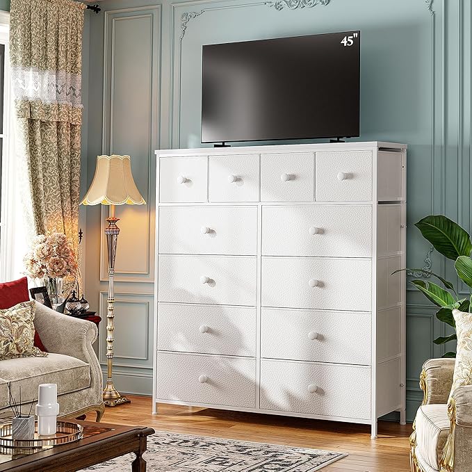 Dresser for Bedroom Drawer Organizer Storage Drawers, Fabric Dressers & Chests of Drawers, Sturdy Metal Frame, Wood Top, Entryway, Bedroom Furniture (White)