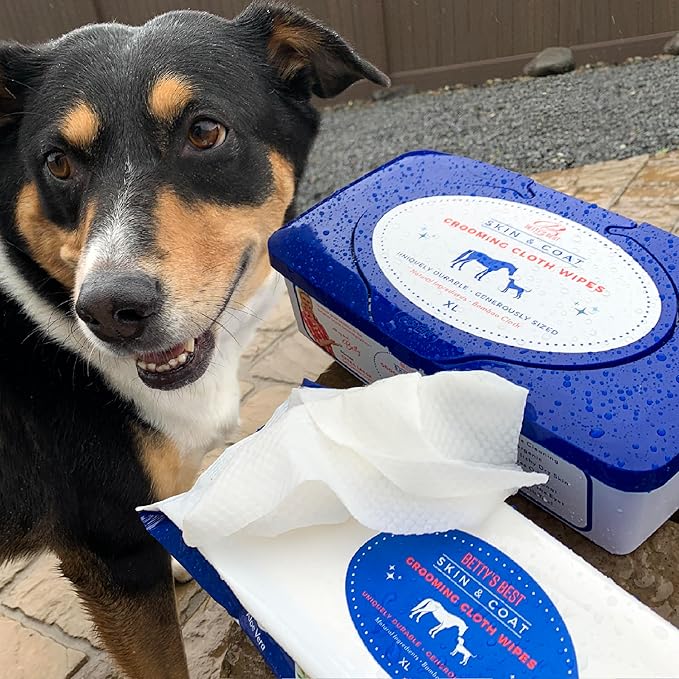 StripHair DOG Horse Grooming Set 2pc Gentle Groomer 6-in-1 Shedding Massage Brush Pet Hair Remover Tool (flexi red) + Dog Pet Wipes (8x8in)