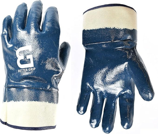 (Box Deal) Better Grip BG105NITRILE-72 Heavy Duty Premium Nitrile Rubber Fully Coated Gloves with Safety Cuffs, Smooth, Blue, Chemical Resistant, Large (1 Case- 72 pairs)