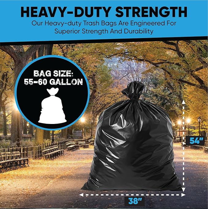 55-60 Gallon Trash Bags Heavy Duty | 50 Count | Large Black Garbage Bags for Outdoor, Leaf, Commercial Use | Fits 50 Gallon, 55 Gal, 60 Gal Trash Cans