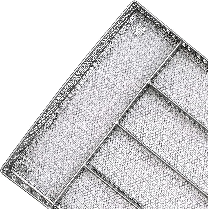 JANE EYRE Drawer Organizer, Cutlery Tray Silverware Flatware Storage Divider for Kitchen, Mesh Wire with Non-slip Foam Feet, 5 Component, Silver