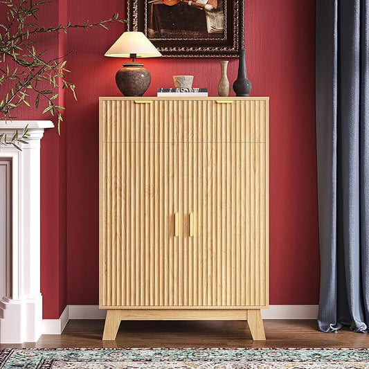 Fluted Shoe Cabinet, 4-Tier Mid Century Modern Narrow Shoe Storage Cabinet with Doors & 2 Drawers, Adjustable Shelves, Freestanding Hidden Shoe Rack Organizer & Wooden Legs for Entryway