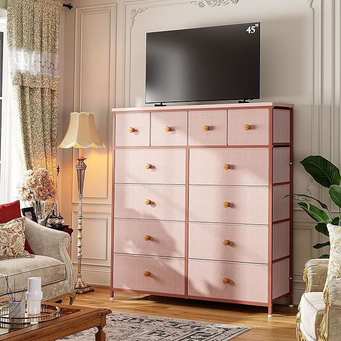 Dresser for Bedroom Drawer Organizer Storage Drawers, Fabric Dressers & Chests of Drawers, Sturdy Metal Frame, Wood Top, Entryway, Bedroom Furniture (Pink)