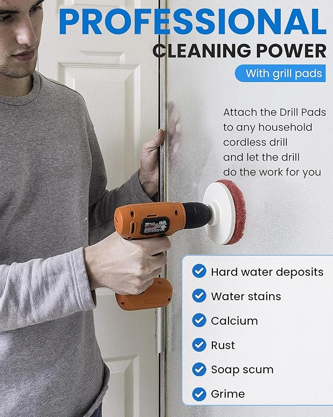 Bring It On Cleaner Hard Water Stain Remover for Glass, Soap Scum remover for Shower glass, Fiberglass, Windows, Tile and Grout Cleaner, Water Spot Remover for Glass Includes Scrubbing Drill Pads