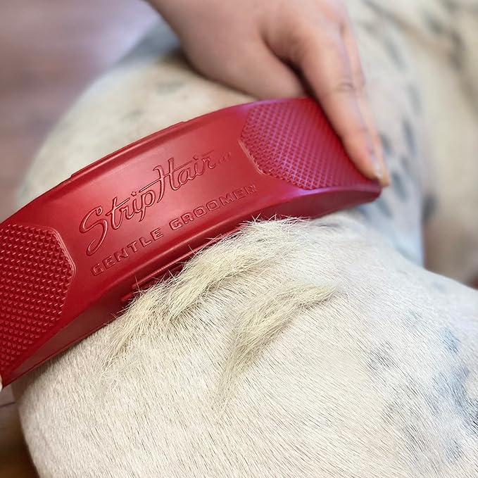 StripHair DOG Horse Grooming Set 2pc Gentle Groomer 6-in-1 Shedding Massage Brush Pet Hair Remover Tool (flexi red) + Dog Pet Wipes (8x8in)