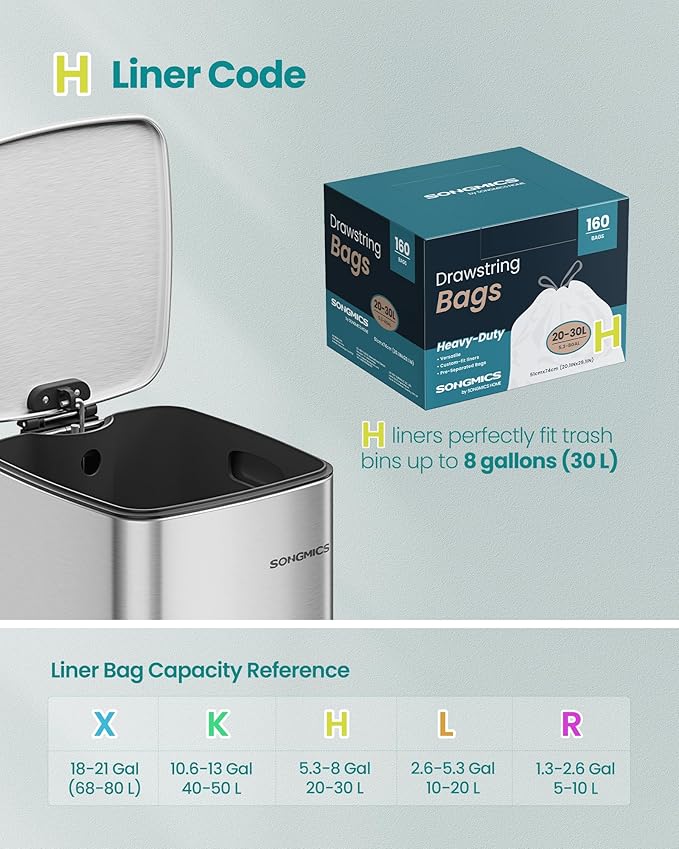 SONGMICS Trash Bags for 8-Gallon (30 L) Trash Cans, Drawstring Kitchen Garbage Bags, Pre-Separated, Quick-Dispense Box, Liner Code H, 4 Rolls, 160 Count, White UKRB031A04