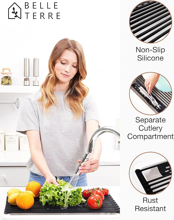 Large Dish Drying Rack for Kitchen Sink - Over Sink Dish Drying Rack to Dry Dishes & Drain Items - Modern & Stylish Dish Rack Set with Extra Side Tray - Space-Saving Roll-Up Counter Drainboard - Black