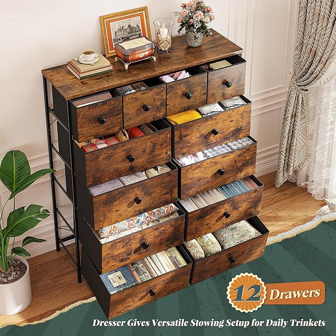 Dresser for Bedroom Drawer Organizer Storage Drawers, Fabric Dressers & Chests of Drawers, Sturdy Metal Frame, Wood Top, Entryway, Bedroom Furniture (Rustic Brown)