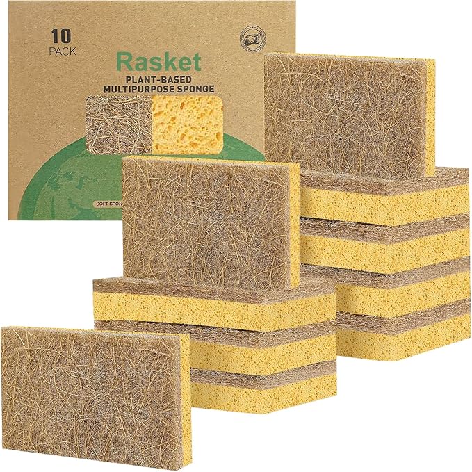 10 Pack Biodegradable Natural Sponges Kitchen - Compostable Cellulose and Coconut Walnut Scrubber Sponge - Eco Friendly Sponges for Dishes