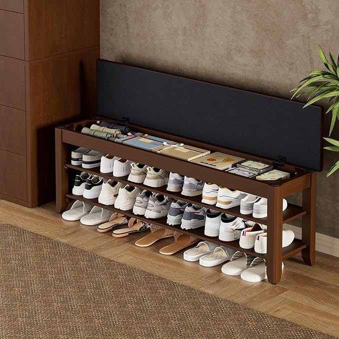 Shoe Rack Bench with Flip-Top Storage, Solid Wood Entryway Bench with Cushion, Adjustable Shelf, for Hallway, Mudroom, Closet – Walnut, 47.2"