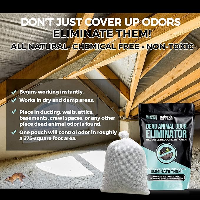 Dead Animal Smell Eliminator Pouch – Fragrance-Free Activated Charcoal Odor Absorber With Specialized Zeolite– Attics, Walls, Crawlspaces. For After Cleanup. Pet & Kid Safe, XL, Covers 375 Sq Ft